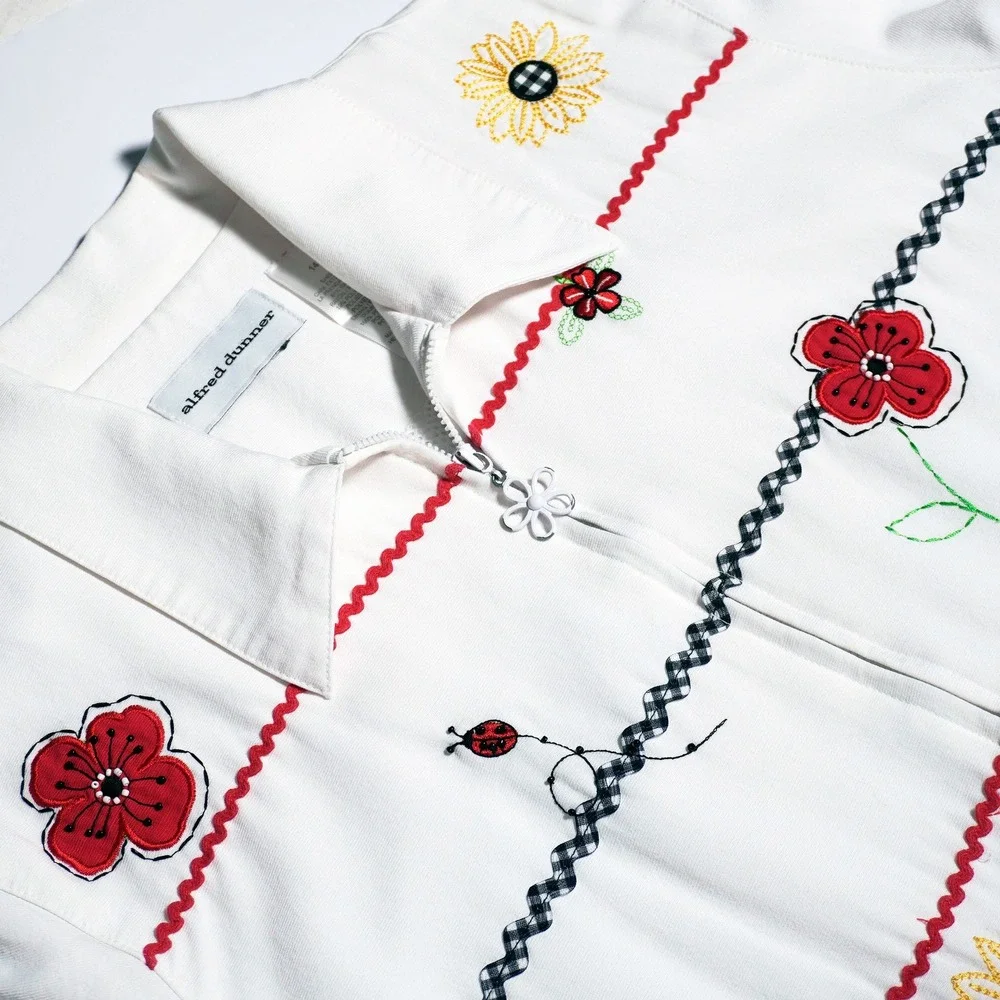 Alfred Dunner Vintage 00s‎ White Embroidered Floral Ladybug Zip Jacket 1X Retro